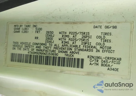 1998 Toyota Tacoma Prerunner из США, поврежденный, VIN 4TASM92NXWZ153690